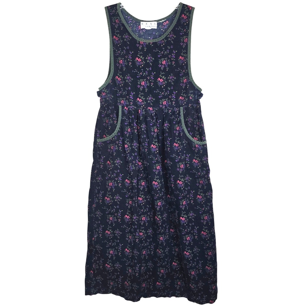 Vintage Real Comfort Corduroy Jumper Dress Floral Midi Sleeveless M Blue